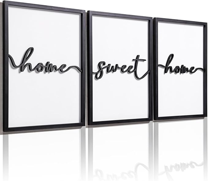 3D Wood Home Sweet Home Wall Art, Modern Home Sweet Home Sign for Large Living Room Wall Decor(Ready to Hang, Set of 3, 12x16 Inch, Framed)