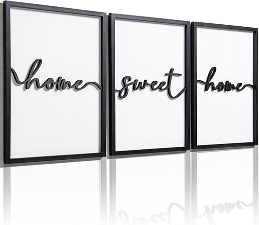 3D Wood Home Sweet Home Wall Art, Modern Home Sweet Home Sign for Large Living Room Wall Decor(Ready to Hang, Set of 3, 12x16 Inch, Framed)