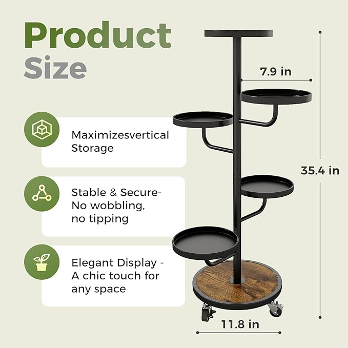 Bamworld Tall Plant Stand Indoor Outdoor Metal Plant Stands with Wheels 5 Tiered Corner Plant Holder Heavy Duty Flower Stand for Multiple Pots Planter Stand for Patio Balcony Living Room (Black)