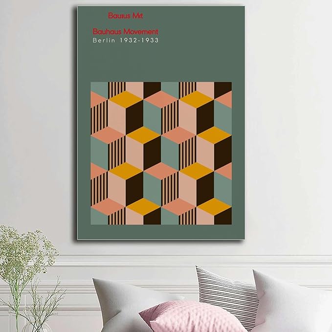 Canvas Painting Poster and Print Pictures Bauhaus Exhibition Poster Geometric Minimalist Abstract Wall Art Print Mid Century Modern Orange Sage Green Decor Modern Home and Bedroom Decoration 12x18inch wood Frame