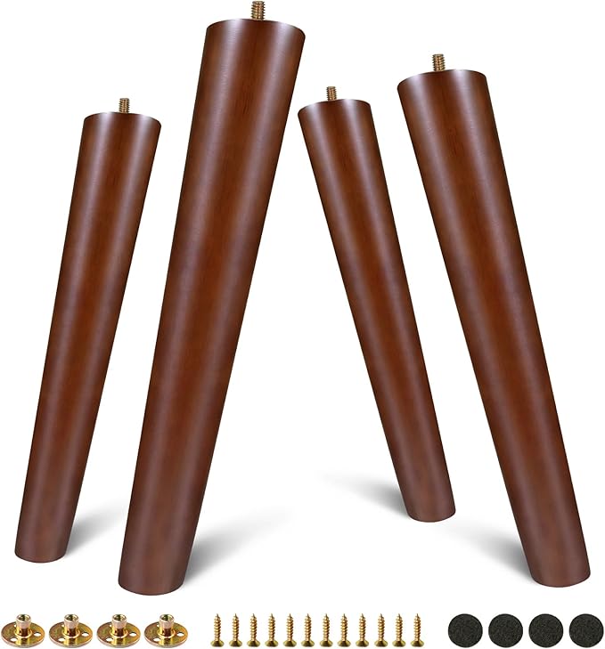 FoDau770 Brown Rubber Wood Furniture Legs 14 Inches, Slant Tapered Wood Feet Mid Century Sofa Legs Set of 4, 5/16" UNC Furniture Feet Replacement Parts for Cabinet Couch Dresser Chair Ottoman Table