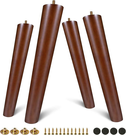 FoDau770 Brown Rubber Wood Furniture Legs 14 Inches, Slant Tapered Wood Feet Mid Century Sofa Legs Set of 4, 5/16" UNC Furniture Feet Replacement Parts for Cabinet Couch Dresser Chair Ottoman Table