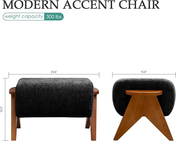 Linen Padded footstools Mid Century Modern Ottoman with Wood Frame, Lounge Upholstered Ottoman, Reading Chair, Sturdy Base, Suitable for Resting Your feet on a Lounge Chair Black