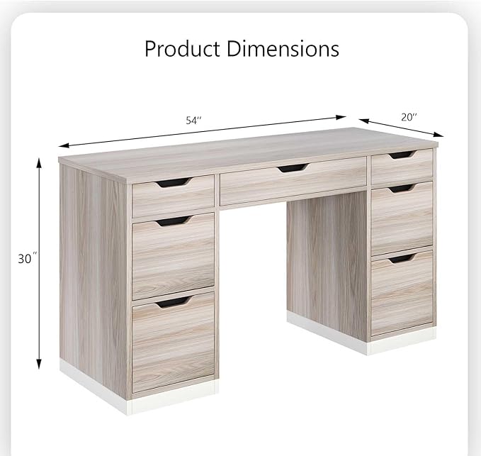 MaverickFurni Computer Desk with Storage Drawers, 54 Inch Executive Desk with 7 Drawers for Bedroom, Office Desk with File Drawers for Work Study Writing, Small Spaces, White and Walnut