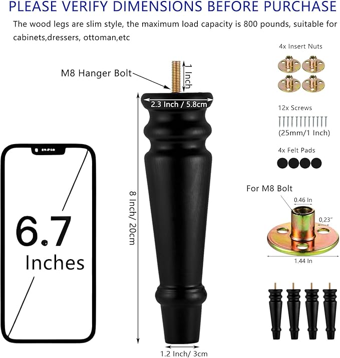 Maricome Furniture Legs 8 inches Set of 4 Pre-drilled M8 Bolt Wood Bun Replacement Legs for Sofa Couch Cabinet Chair Black Solid Round Turned Screw in