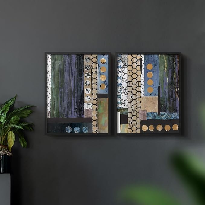 Renditions Gallery Set of 2 Peel & Stick Framed Prints, Geometric Abstract Wall Art, Hexagonal and Circular Pattern Wall Decor, Re-Stickable - Ready to Hang - 8"x10" - Black Frame LT588
