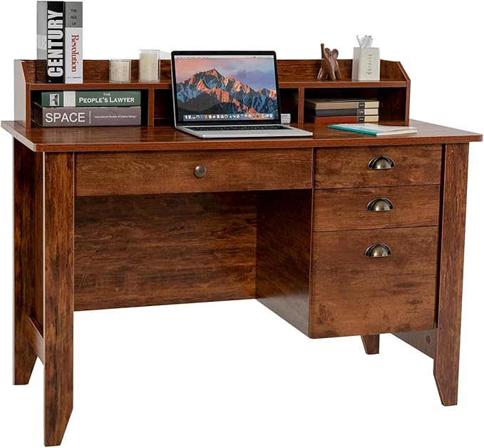 Safeplus 48" Computer Desk with 4 Storage Drawers and Hutch Wood Executive Table for PC Laptop