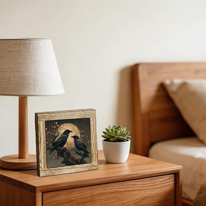 Gothic Raven Couple Moon Wooden Desktop Sign, Dark Academia Crow Wood Plaque Tabletop Decor, Vintage Moody Bird Wooden Sign for Bedroom Living Room Office Shelf