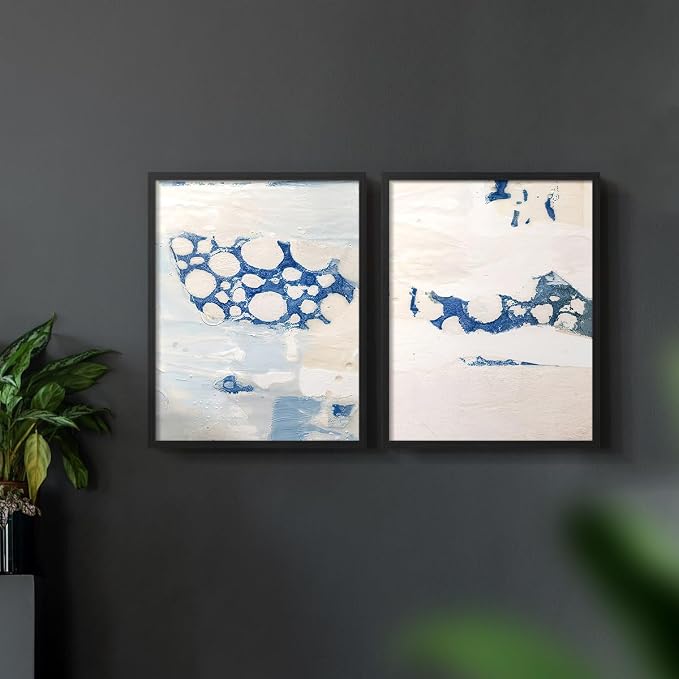 Renditions Gallery Set of 2 Peel & Stick Framed Prints, Textured Abstract Wall Art, White Blue Bubble Like Pattern Wall Decor, Re-Stickable - Ready to Hang - 11"x14" - Black Frame LT588