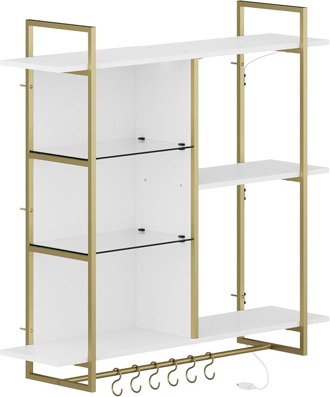 BELLEZE 40" Floating Shelves with LED Lights, 4-Tier Wall Mounted Shelf with Hooks for Kitchen, Bar, Living Room - MDF Display Rack for Coffee Bar, Books, Decor (Remote Control, 16 Colors + 32 Modes)