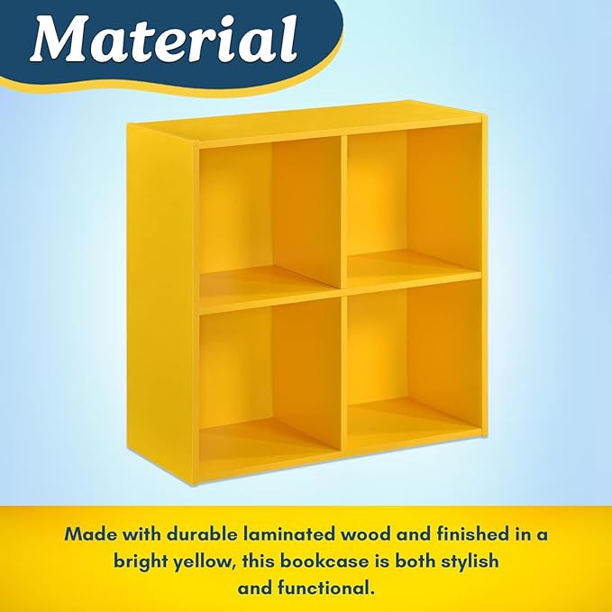 Kings Brand Furniture - George 4-Cube Storage Organizer, 2-Tier Bookcase with Wood Shelves for Living Room, Bedroom, Nursery, or Home Office (1, Yellow)