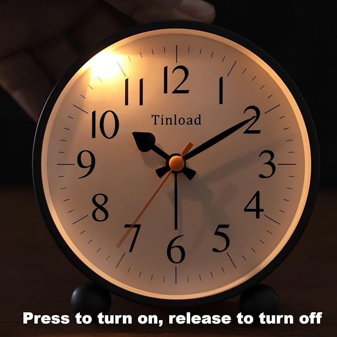 Tinload 4.5" Vintage Retro Analog Alarm Clock, Super Silent Non Ticking Small Clock with Manual Light, Snooze, Battery Operated, for Living Room, Bedroom, Bedside, Desk(Black)