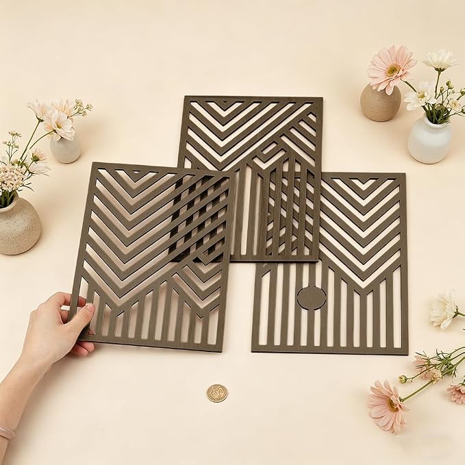 AHANDMAKER 3Pcs Wooden Wall Art Decor Mid Century Modern Rectangle Sculptures 11.8in x 7.8in Decorative Nature Abstract Wall Art for Living Room Bedroom Office Home Accent, Brown
