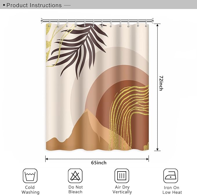 Abstract Mid Century Boho Bathroom Shower Curtain with Eucalyptus Leaves Gold Lines Mountains, Waterproof Polyester Fabric, 65x72 Inch