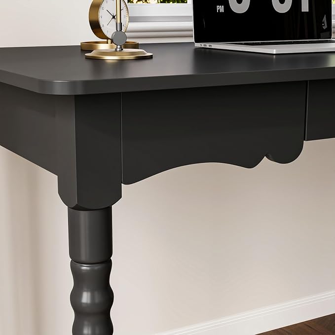 Timechee 47 inch Study Computer Desk, Black Office Work Desk with a Storage Drawer for Bedroom, Mid-Century Modern Computer Study Writing Table with Roman Column Legs for Home Office, Living Room