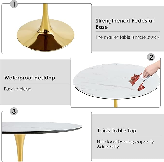 31.5 Inch Round Dining Table for 2-4 Person,Mid-Century White Tulip Table with Faux Printed Marble Tabletop and Gold Metal Base,Pedestal Base Table for Kitchen Dining Room