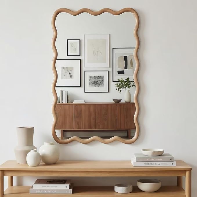 30x20 Inch Wooden Wavy Rectangle Wall Mirror, Modern Solid Wood Frame Decorative Accent Mirror for Bedroom, Bathroom, Living Room, Entryway, Natural Wood Color
