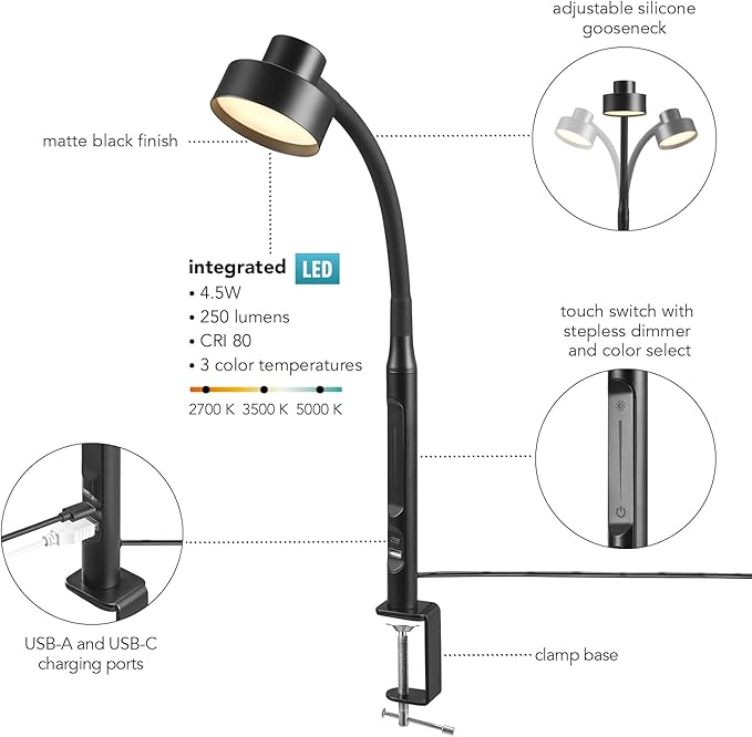 Globe Electric 62000036 15" LED Integrated Clamp Desk Lamp, Matte Black, Adjustable Silicone Gooseneck, Dimmable, 2.1 USB + USB-C Ports, 4.5 Watts, 3 Color Temperatures, 250 Lumens