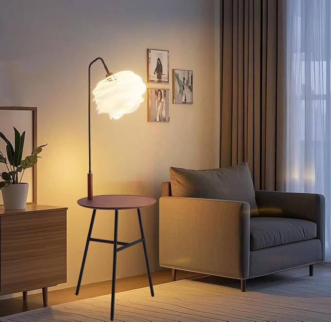 Fiqevs Flower Floor Lamp, Wood Shelf Mid-Century Modern Standing Lamp, Tripod Tall Lamp for Living Room, Bedroom, Office Decor