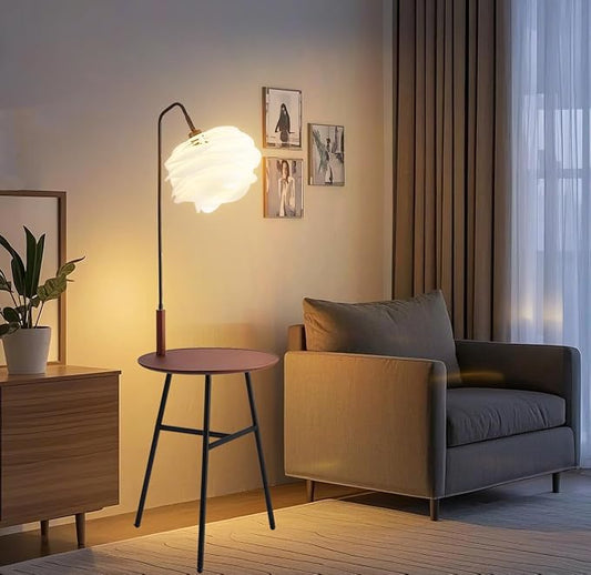 Fiqevs Flower Floor Lamp, Wood Shelf Mid-Century Modern Standing Lamp, Tripod Tall Lamp for Living Room, Bedroom, Office Decor