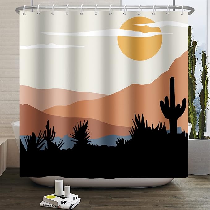 Baocicco Mid Century Shower Curtain Sun Mountains Cactus Modern Abstract Boho Art Shower Curtains Decorative for Bathroom Home Bathtubs Waterproof Fabric Shower Curtain with Hooks 72x72 Inches