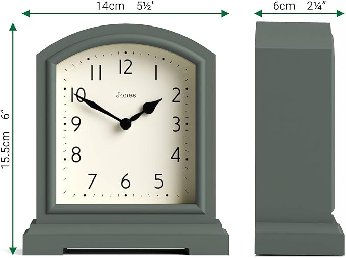 JONES CLOCKS® Tavern Mantel Clock | Modern Arch top Design | Asparagus Green | Contemporary Classic Style for Desk, Table, Shelf or Bedside