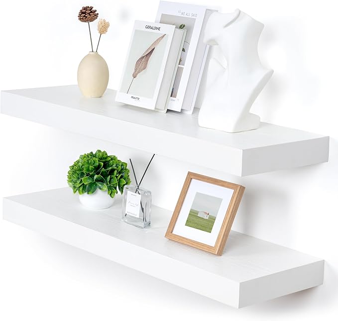 Deep Floating Shelves | 36 Inch White Floating Shelves Set of 2 | 12 Inch Deep Rustic Wood Shelves for Wall | 36" W x 12" D White Shelves for Living Room Bathroom Laundry Room Kitchen