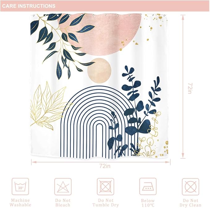 Riyidecor Pink Grey Abstract Boho Modern Mid Century Shower Curtain for Bathroom Decor 72Wx72H Leaves Blue Gold Eucalyptus Plants Blush Art Printed Fabric Polyester Waterproof 12 Pack Plastic Hooks