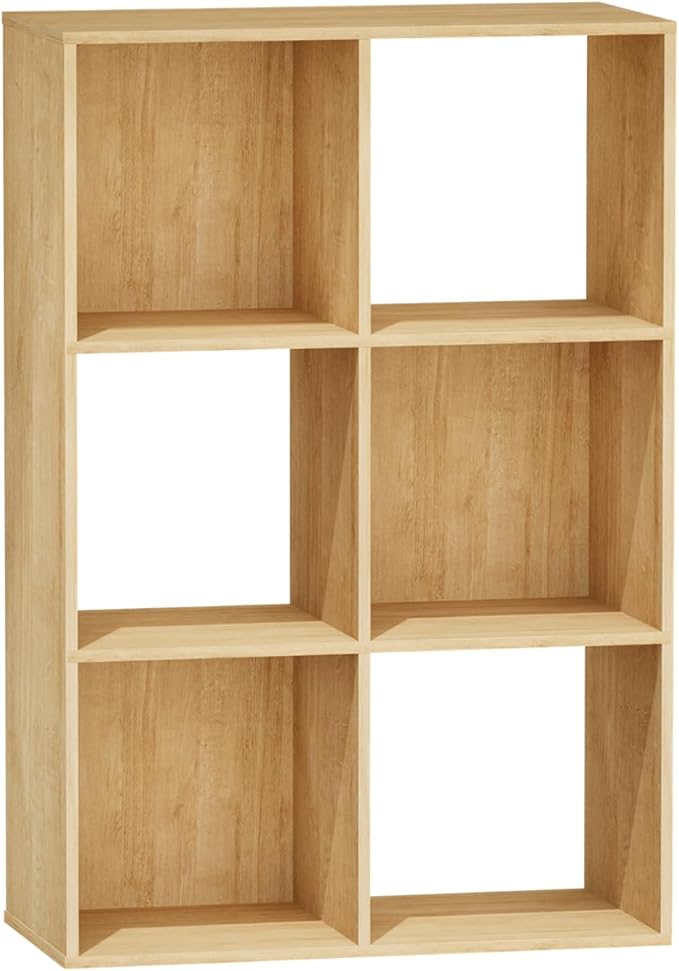 6 Cube Storage Organizer, Open Bookshelf Storage Cubes Shelf with Back Panel, Wooden Display Shelf Bookcase Standing Shelves for Living Room, Bedroom, Home Office (Oak, 6-Cube)