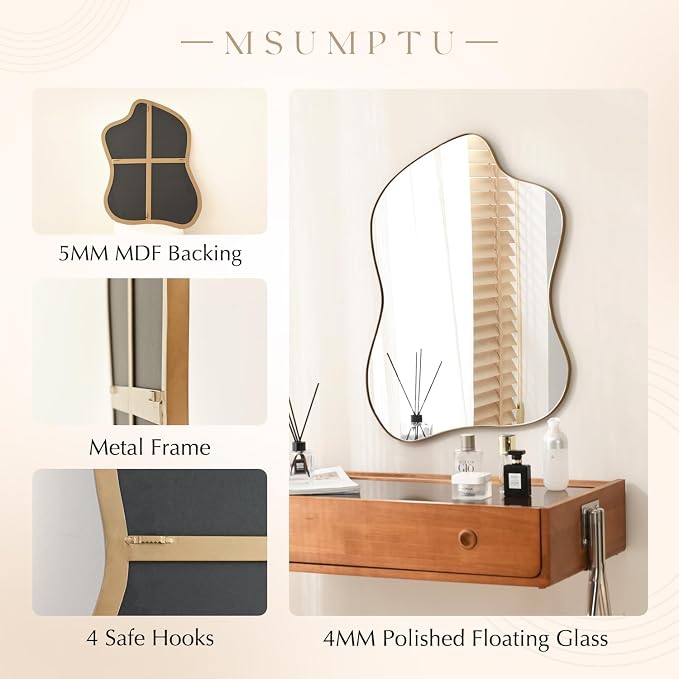 Irregular Wall Mirror Brass Wave Shaped Metal Framed Wall Mirror for Bathroom Bedroom Entryway Living Room Wall Decor 30.5" L x 23" W 2303G