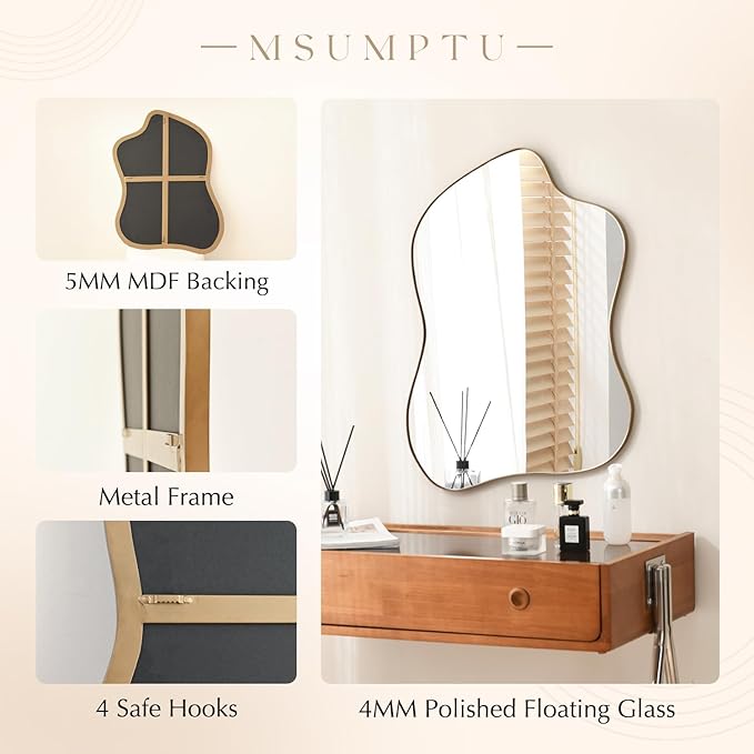 Irregular Wall Mirror Brass Wave Shaped Metal Framed Wall Mirror for Bathroom Bedroom Entryway Living Room Wall Decor 24" L x 18" W 2305B