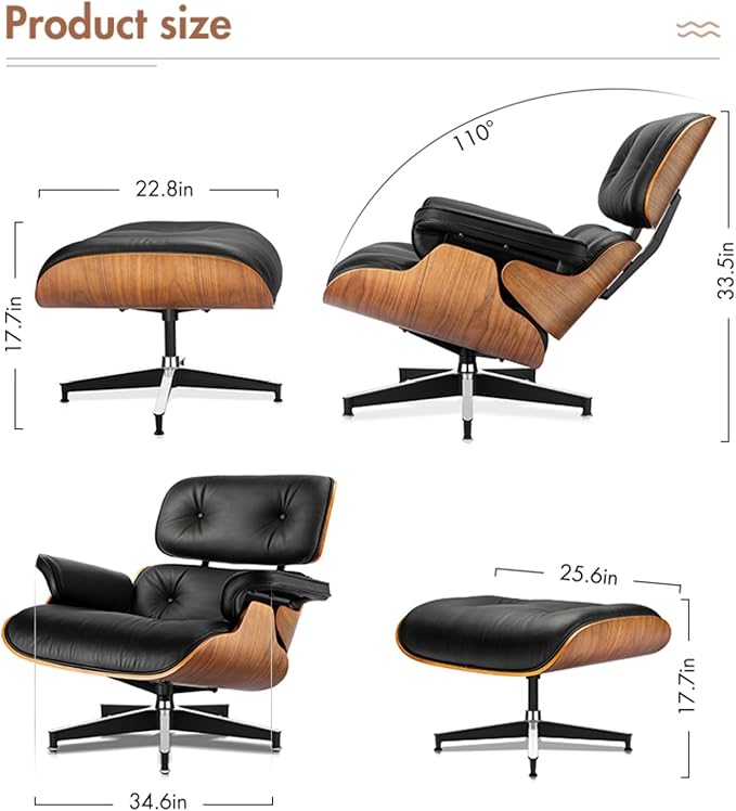 Mid Century Chaise Lounge Chair with Ottoman, Top Black Grain Leather, Modern Office Chair Classic Design, Heavy Duty Base Support for Living Room Study Lounge Office