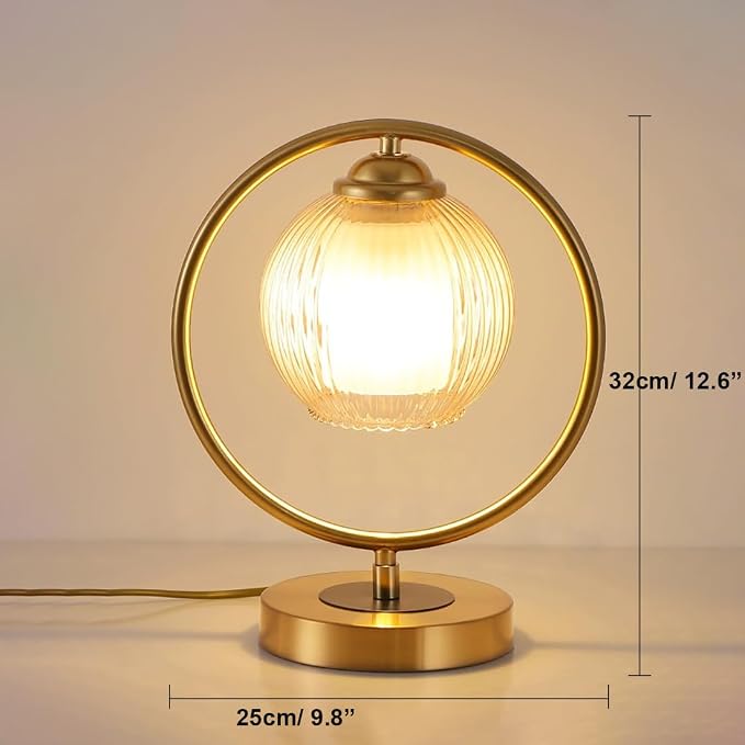 Glass Table Lamp Gold Mid Century Modern Desk Lamp Nightstand Light Round Ribbed Glass Shade Globe Reading Lamp for Bedroom Study Room Office