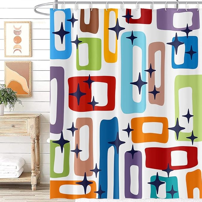 Modern Abstract Shower Curtain Colorful Geometric Rectangle Pattern Mid Century 1960's Old Fashioned Bathroom Decor Accessories Shower Curtain Set with 6 Hooks, 36x72 Inches