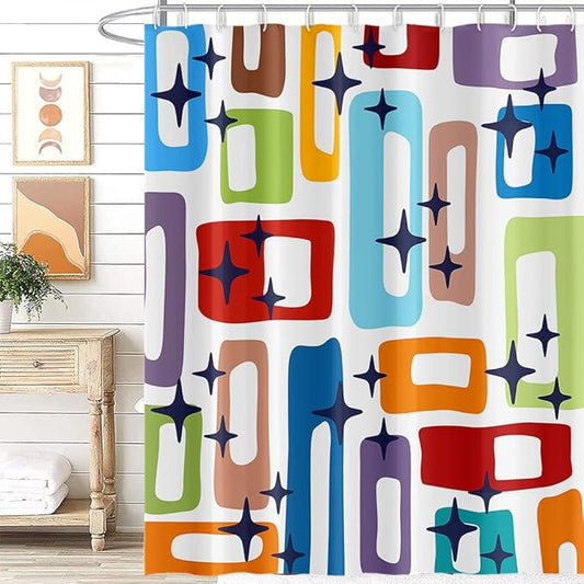 Modern Abstract Shower Curtain Colorful Geometric Rectangle Pattern Mid Century 1960's Old Fashioned Bathroom Decor Accessories Shower Curtain Set with 6 Hooks, 36x72 Inches