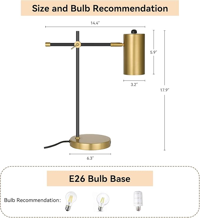 Modern Black and Gold Desk Lamp with Type C Charging Port, Minimalist Industrial Table Lamp with Swing Arm, for Study Room Home Office Bedroom Bedside Nightstand