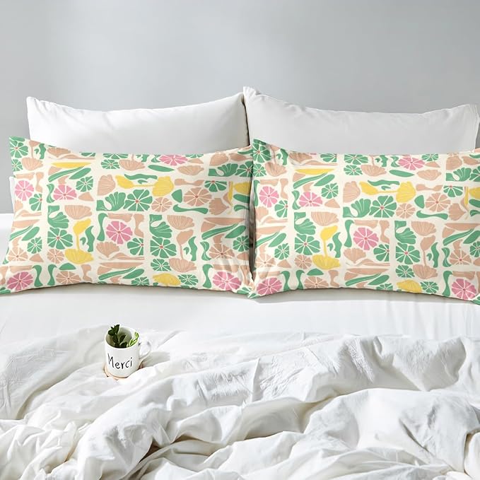 Erosebridal Boho Abstract Colorful Floral Duvet Cover King Vintage Retro Patchwork Pink Green Bedding Set Flower Botanical Geometric Comforter Cover for Kids Adults,Aesthetic Groovy Bed Set