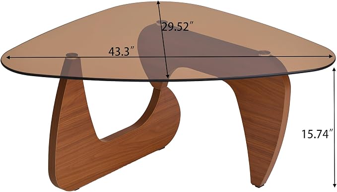 43.3'' Modern Brown Glass Coffee Table with Geometry Base, Irregular Shape Coffee Table for Living Room Office, Brown Finish Wood Base, Mid-Century Style Cocktail Center Table for Small Space