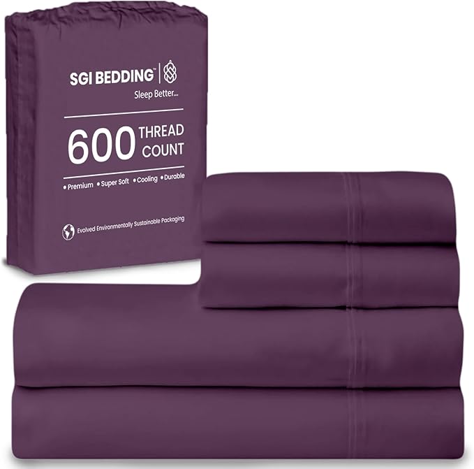 SGI bedding 100% Egyptian Cotton Sheets RV King Size – 600 Thread Count Sheets Set, Soft, Cooling, 15" Deep Pocket, Luxury Hotel Bedding, Breathable, Durable - Plum