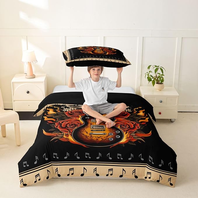 Erosebridal Guitar Rose Toddler Duvet Cover for Teens Boys - Floral Gothic Skull Flame Bedding Set Punk Rock Roll Music Comforter Cover,Vintage Musical Notes Bed Set