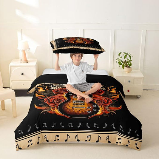 Erosebridal Guitar Rose Toddler Duvet Cover for Teens Boys - Floral Gothic Skull Flame Bedding Set Punk Rock Roll Music Comforter Cover,Vintage Musical Notes Bed Set