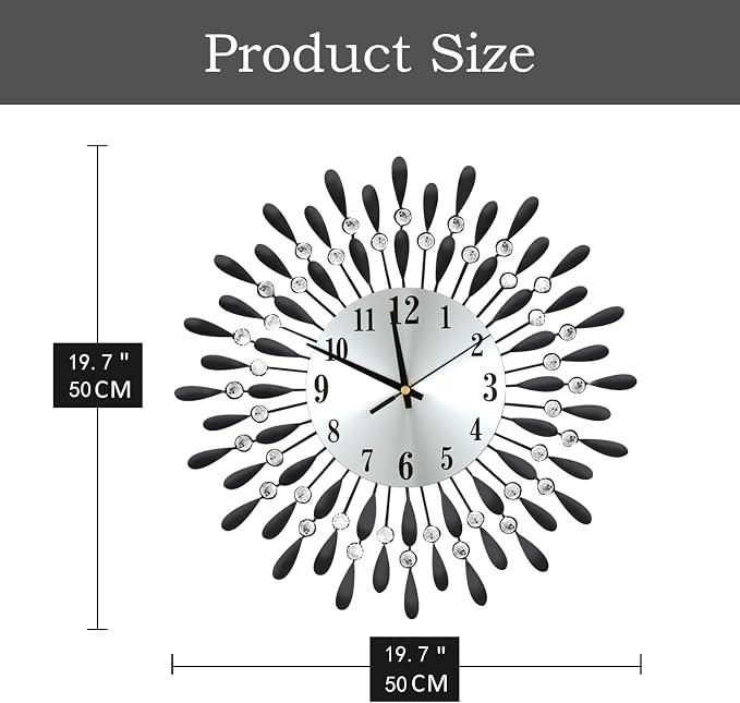 19.7 INCH Black Wall Clock for Living Room Decor,Non-Ticking Quiet Metal Petals Dial Glass Big Wall Clocks Black for Bedrooms Kitchen and Small Space Decoration