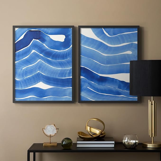 Renditions Gallery Set of 2 Peel & Stick Framed Prints, Watercolor Abstract Wall Art, Bold Brushstrokes in Shades of Blue Wall Decor, Re-Stickable - Ready to Hang - 8"x10" - Black Frame LT588