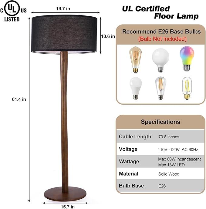 62" Tall Rustic Wood Floor Lamp for Living Room, Farmhouse Walnut Wood Floor Lamps with Linen Shade, UL Listed Standing Lamps with Wooden Base for Bedroom, Dining Room, House, Black Shade