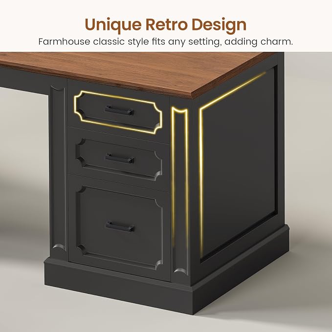 SEDETA Farmhouse 110.3" Two Person Desk with 7 Drawers, Long Computer Desk with Storage Cabinet, 2 Person Desk with Power Outlets for Home Office, Black+Brown