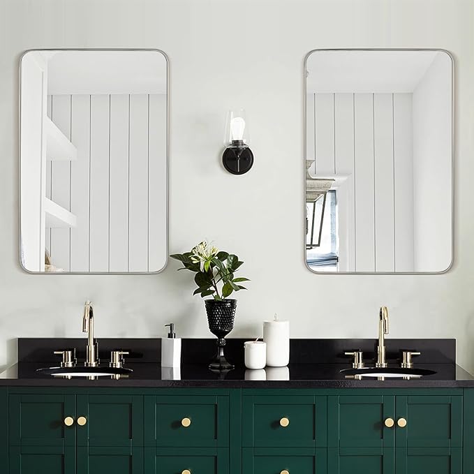 Bathroom Mirror Brushed Nickel, 20 x 30 Inch Metal Frame Rectangle Mirror Rounded Silver Modern Vanity Mirror Anti-Rust for Bathroom, Farmhouse Wall Mounted Vertically/Horizontally