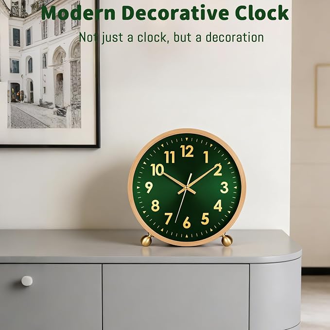Maxspace Wooden Table Clock,8in Silent Non-Ticking Desk Clockwith Gold Ball Base, Battery Operated Desktop Analog Clock for Living Room Office Bedroom Decor (Green Gold - Log, Copper Ball Base)