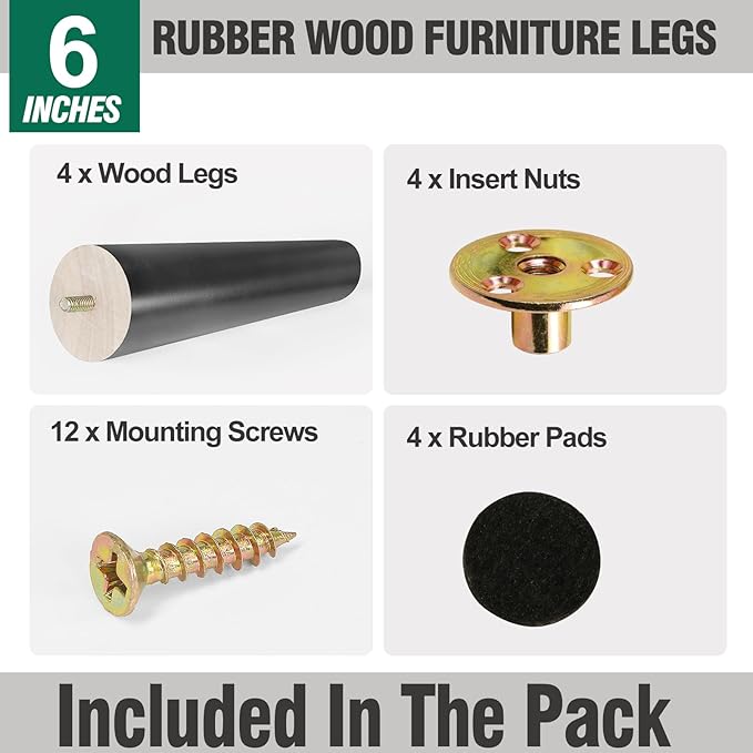 FoDau770 Black Rubber Wood Furniture Legs 6 Inches, Slant Tapered Wood Feet Mid Century Sofa Legs Set of 4, 5/16" UNC Furniture Feet Replacement Parts for Cabinet Couch Dresser Chair Ottoman Table