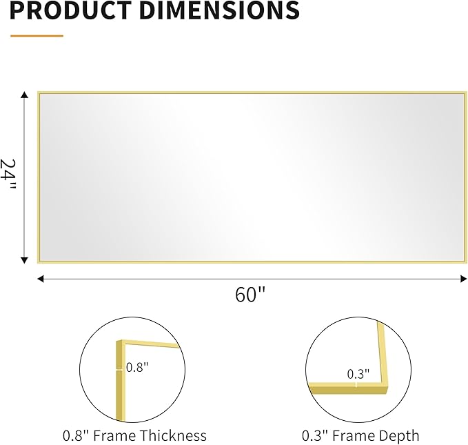 KOCUUY Large Gold Bathroom Mirror, 60"x24" Rectangle Bathroom Mirror for Wall, HD Tempered Glass, Anti-Rust Frame, Modern Design for Bathroom, Bedroom, Living Room, Entryway