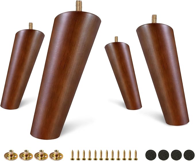 FoDau770 Brown Rubber Wood Furniture Legs 5 Inches, Slant Tapered Wood Feet Mid Century Sofa Legs Set of 4, 5/16" UNC Furniture Feet Replacement Parts for Cabinet Couch Dresser Chair Ottoman Table